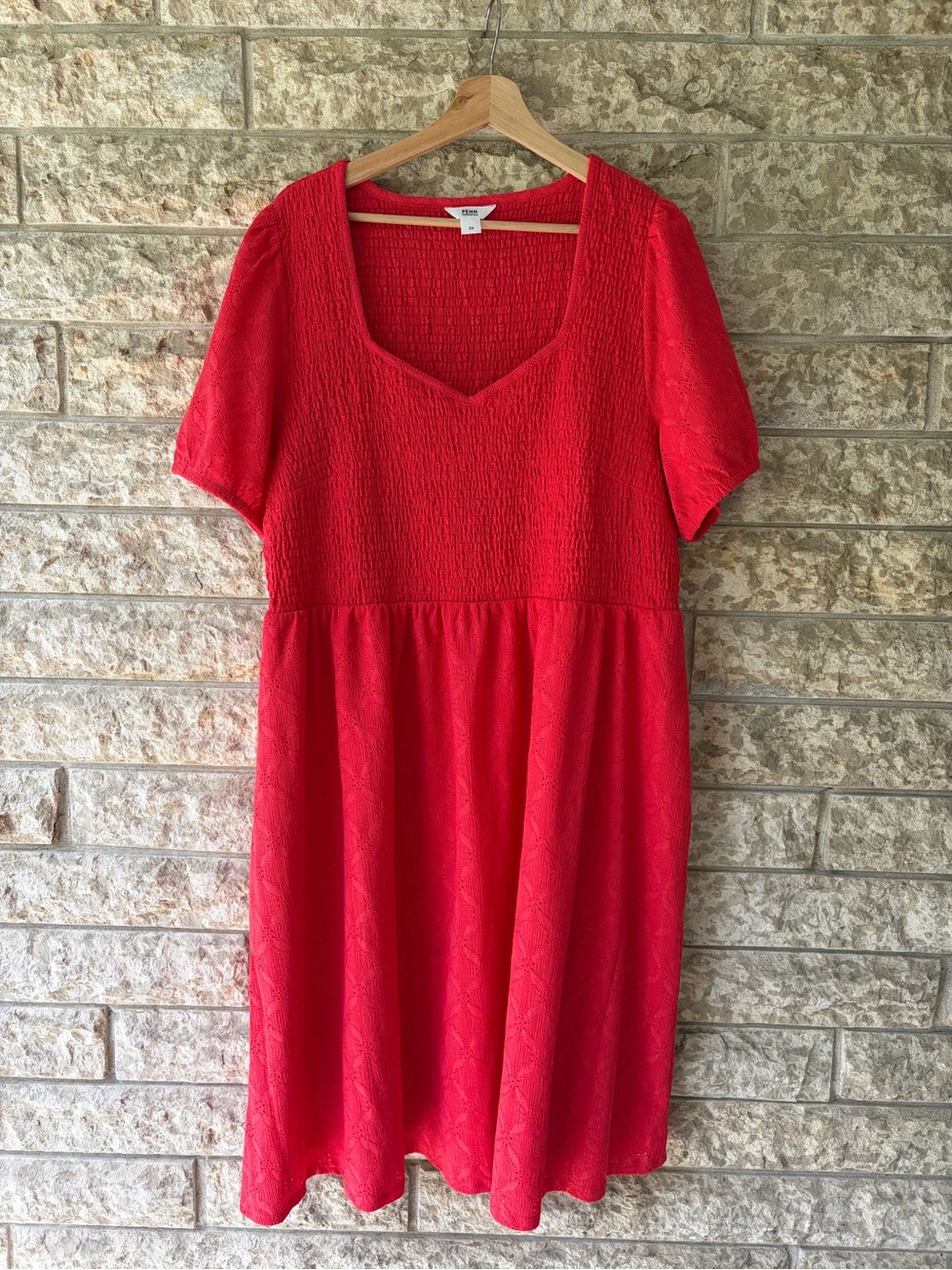 Penningtons Coral Red Eyelet Smocked Dress 2X